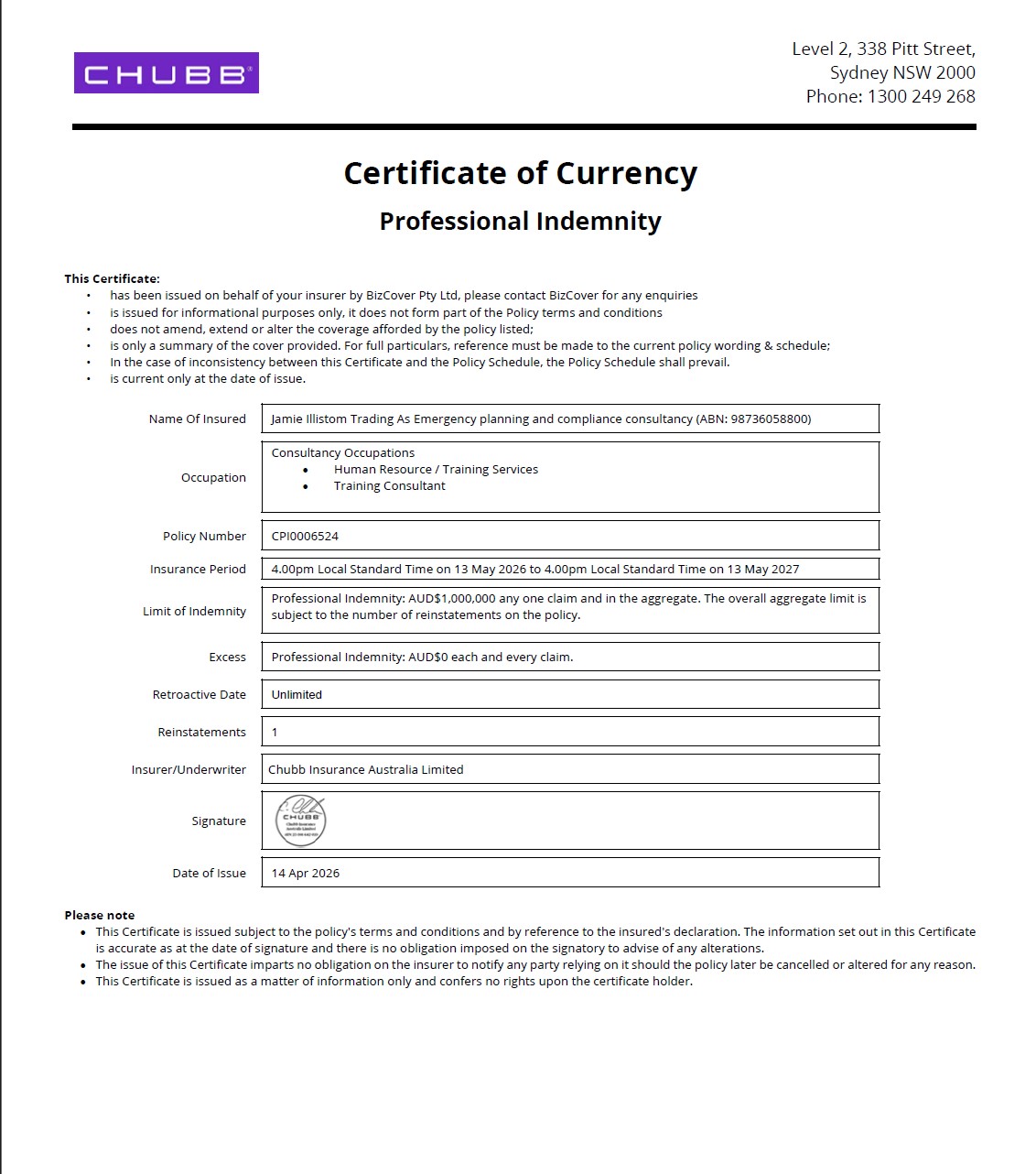 Public & Products Liability Insurance Certificate - $20M Coverage - BizCover/QBE